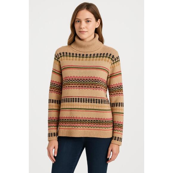 Sundance Sweater Tan Turtleneck Patterned Stripe Cotton Fall Cozy Knit Fair Isle - Picture 1 of 6